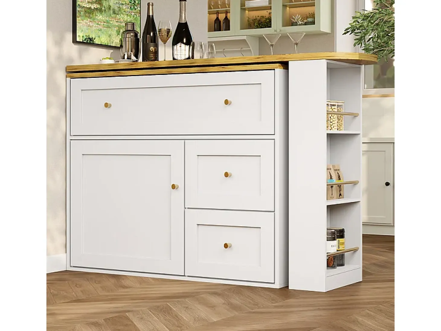 Mesa de Bar extensível giratória - com 2 portas, 2 gavetas e 3 nichos - MDF - 138/204×39×105cm - Branco