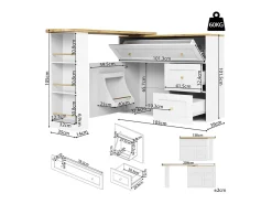Mesa de Bar extensível giratória - com 2 portas, 2 gavetas e 3 nichos - MDF - 138/204×39×105cm - Branco