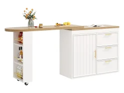 Mesa de bar giratória 360° - 128/203 x 39 x 90 cm - com prateleiras + 3 gavetas + porta - MDF + metal - branca