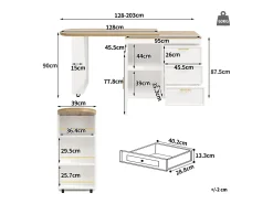 Mesa de bar giratória 360° - 128/203 x 39 x 90 cm - com prateleiras + 3 gavetas + porta - MDF + metal - branca
