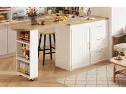 Mesa de bar giratória 360° - 128/203 x 39 x 90 cm - com prateleiras + 3 gavetas + porta - MDF + metal - branca