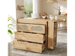 Mesa de bar giratória 360° - 128/203 x 39 x 90 cm - com prateleiras + 6 gavetas e portas em rattan - MDF + metal - cor natural