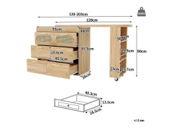 Mesa de bar giratória 360° - 128/203 x 39 x 90 cm - com prateleiras + 6 gavetas e portas em rattan - MDF + metal - cor natural