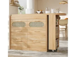 Mesa de bar giratória 360° - 128/203 x 39 x 90 cm - com prateleiras + 6 gavetas e portas em rattan - MDF + metal - cor natural