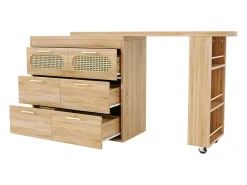 Mesa de bar giratória 360° - 128/203 x 39 x 90 cm - com prateleiras + 6 gavetas e portas em rattan - MDF + metal - cor natural