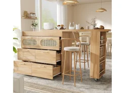 Mesa de bar giratória 360° - 128/203 x 39 x 90 cm - com prateleiras + 6 gavetas e portas em rattan - MDF + metal - cor natural