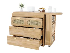 Mesa de bar giratória 360° - 128/203 x 39 x 90 cm - com prateleiras + 6 gavetas e portas em rattan - MDF + metal - cor natural