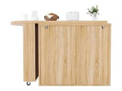 Mesa de bar giratória 360° - 128/203 x 39 x 90 cm - com prateleiras + 6 gavetas e portas em rattan - MDF + metal - cor natural