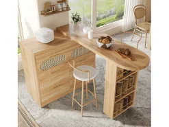 Mesa de bar giratória 360° - 128/203 x 39 x 90 cm - com prateleiras + 6 gavetas e portas em rattan - MDF + metal - cor natural