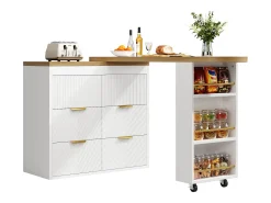 Mesa de bar giratória 360° - 128/203 x 39 x 90 cm - com prateleiras + 6 gavetas - MDF + metal - branca