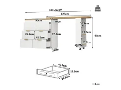 Mesa de bar giratória 360° - 128/203 x 39 x 90 cm - com prateleiras + 6 gavetas - MDF + metal - branca