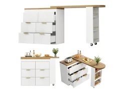 Mesa de bar giratória 360° - 128/203 x 39 x 90 cm - com prateleiras + 6 gavetas - MDF + metal - branca
