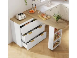 Mesa de bar giratória 360° - 128/203 x 39 x 90 cm - com prateleiras + 6 gavetas - MDF + metal - branca