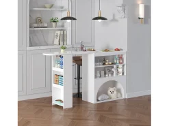 Mesa de bar giratória com espaço de arrumação e local para animais de estimação - Tampo com efeito mármore - Branco