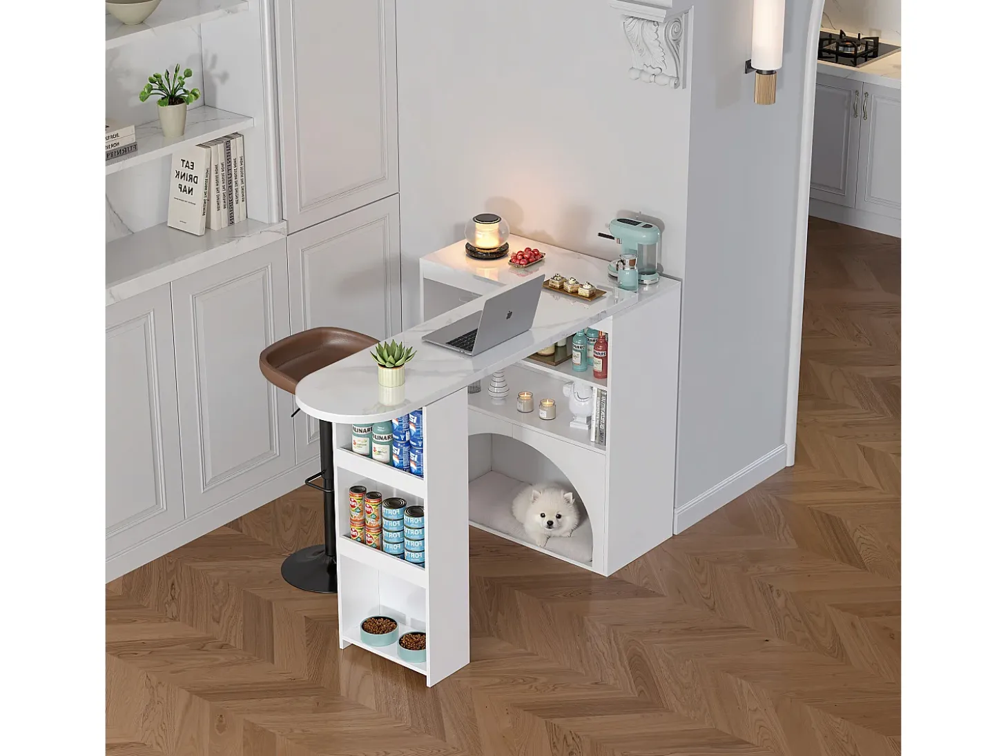 Mesa de bar giratória com espaço de arrumação e local para animais de estimação - Tampo com efeito mármore - Branco