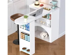 Mesa de bar giratória com espaço de arrumação e local para animais de estimação - Tampo com efeito mármore - Branco