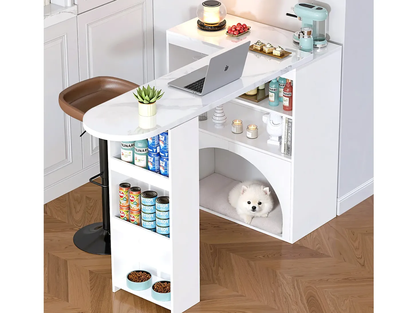 Mesa de bar giratória com espaço de arrumação e local para animais de estimação - Tampo com efeito mármore - Branco