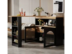 Mesa de bar moderna, extensível, com espaço de armazenamento, giratória, para sala de jantar, com faixa de luz LED de 1 m, preta.