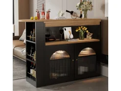 Mesa de bar moderna, extensível, com espaço de armazenamento, giratória, para sala de jantar, com faixa de luz LED de 1 m, preta.
