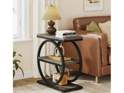 Mesa de Cabeceira, Mesa de Cabeceira Estreita com 3 Prateleiras de Armazenamento, Mesa Lateral Cinza com Molduras de Metal Preto
