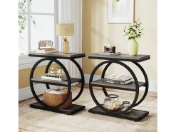 Mesa de Cabeceira, Mesa de Cabeceira Estreita com 3 Prateleiras de Armazenamento, Mesa Lateral Cinza com Molduras de Metal Preto