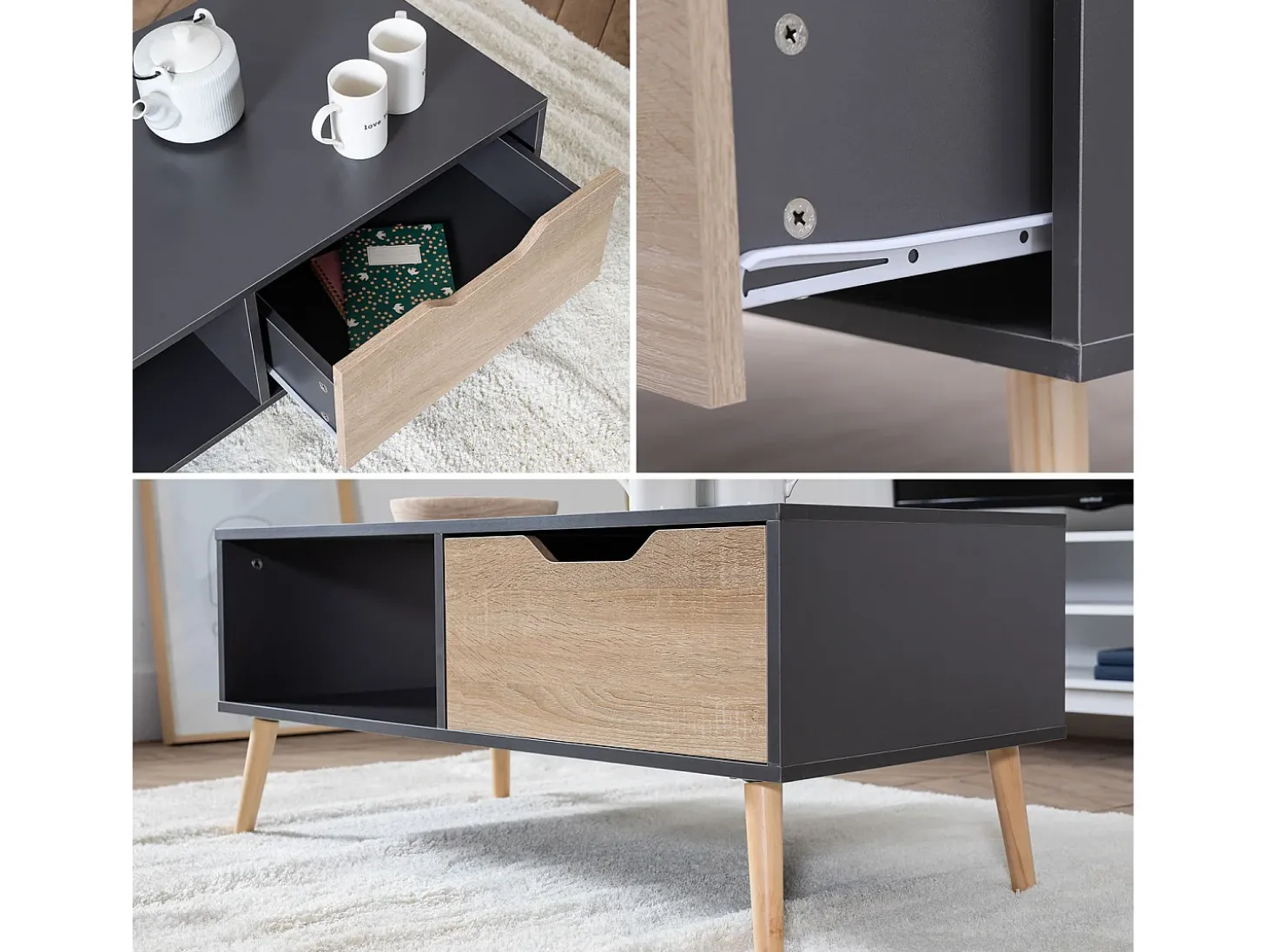 Mesa de café com gaveta estilo escandinavo cinzento FREJA