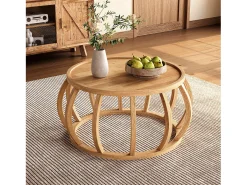 Mesa de Café de Madeira Sólida, Mesa Central Redonda de 80cm com Base de Moldura Curva