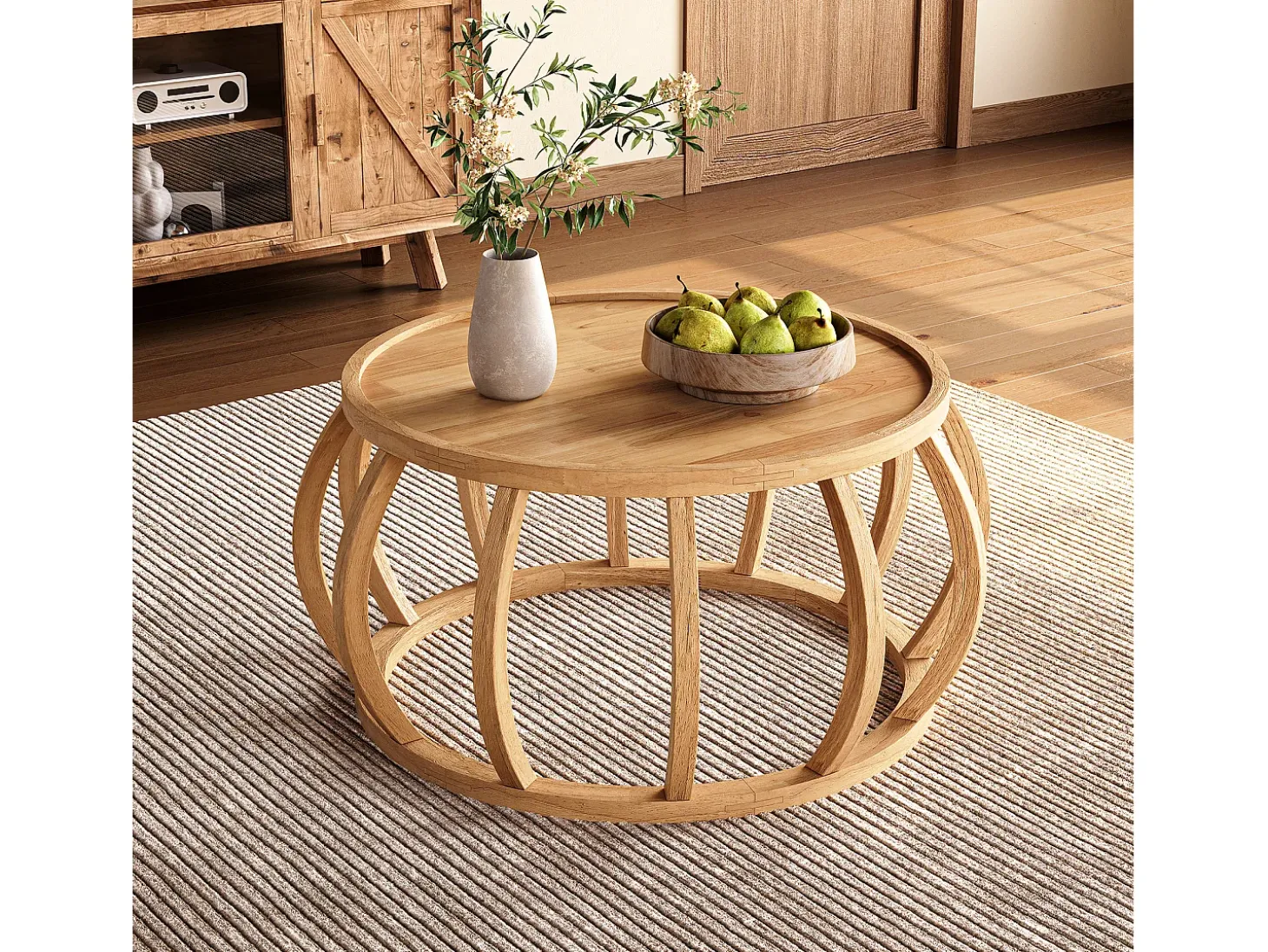 Mesa de Café de Madeira Sólida, Mesa Central Redonda de 80cm com Base de Moldura Curva