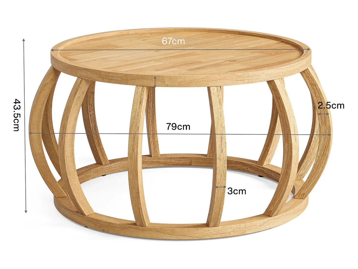 Mesa de Café de Madeira Sólida, Mesa Central Redonda de 80cm com Base de Moldura Curva