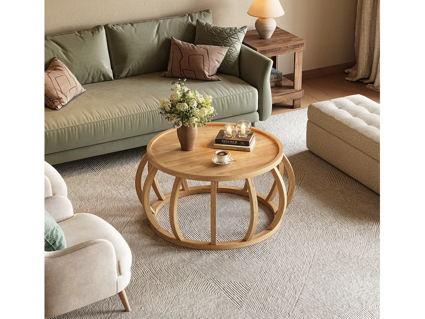 Mesa de Café de Madeira Sólida, Mesa Central Redonda de 80cm com Base de Moldura Curva