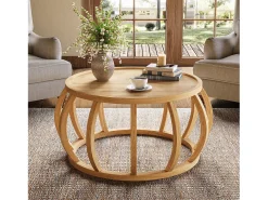 Mesa de Café de Madeira Sólida, Mesa Central Redonda de 80cm com Base de Moldura Curva