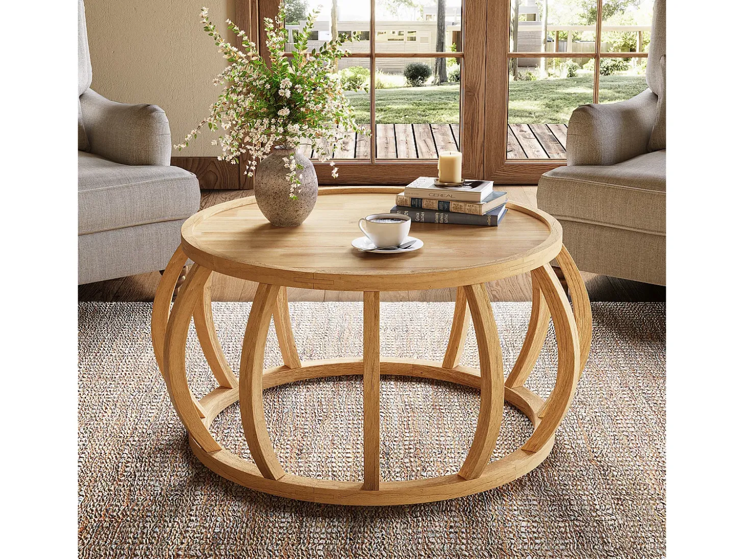 Mesa de Café de Madeira Sólida, Mesa Central Redonda de 80cm com Base de Moldura Curva
