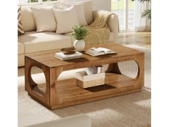 Mesa de Café de Madeira Sólida, 120cm Mesas Centrais de Madeira Rural com Armazenamento para Sala de Estar, 2 Andares