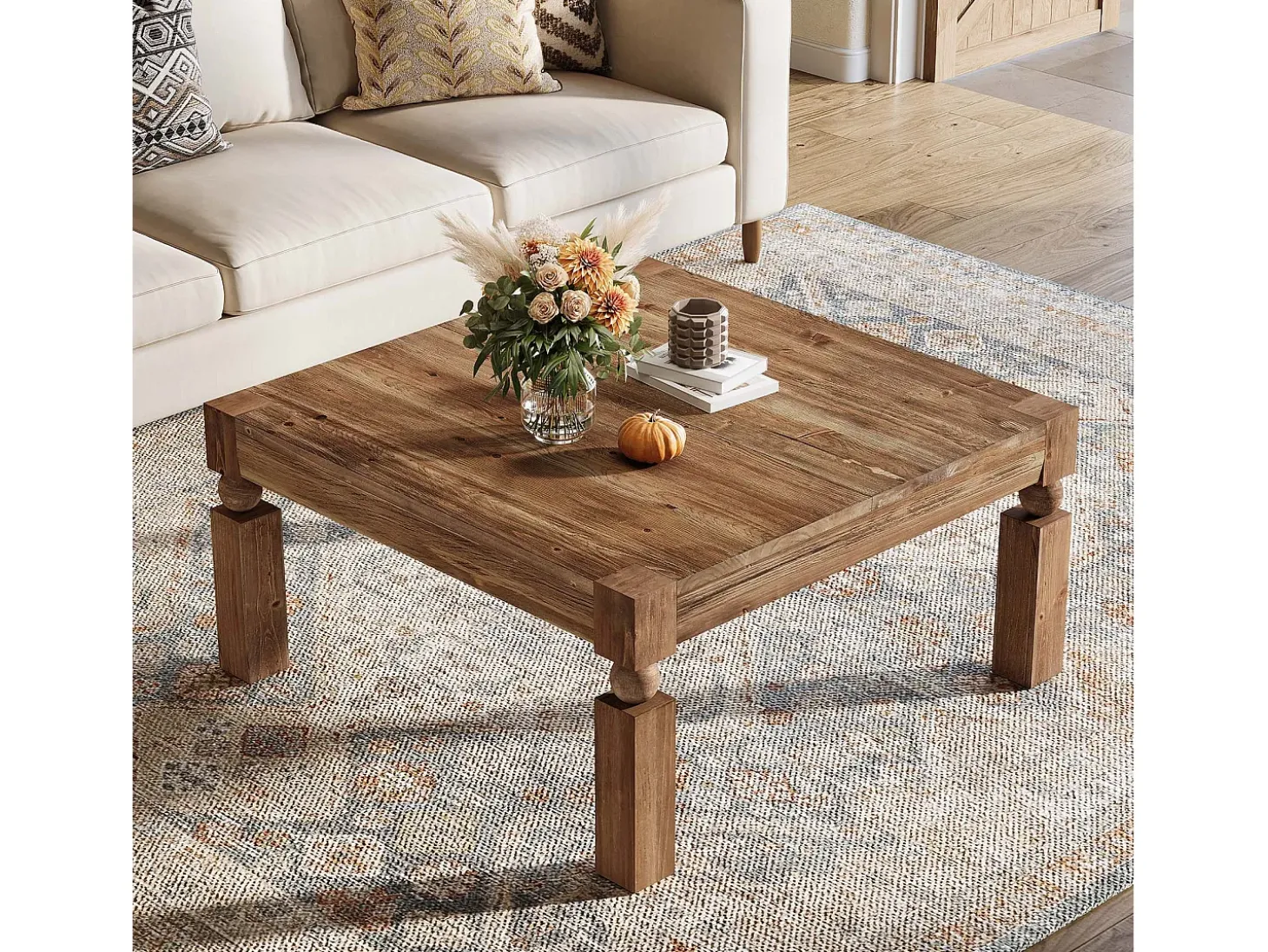 Mesa de Café de Madeira Sólida, Mesa de Sala de Estar Retangular Moderna de Meio Século com 100cm