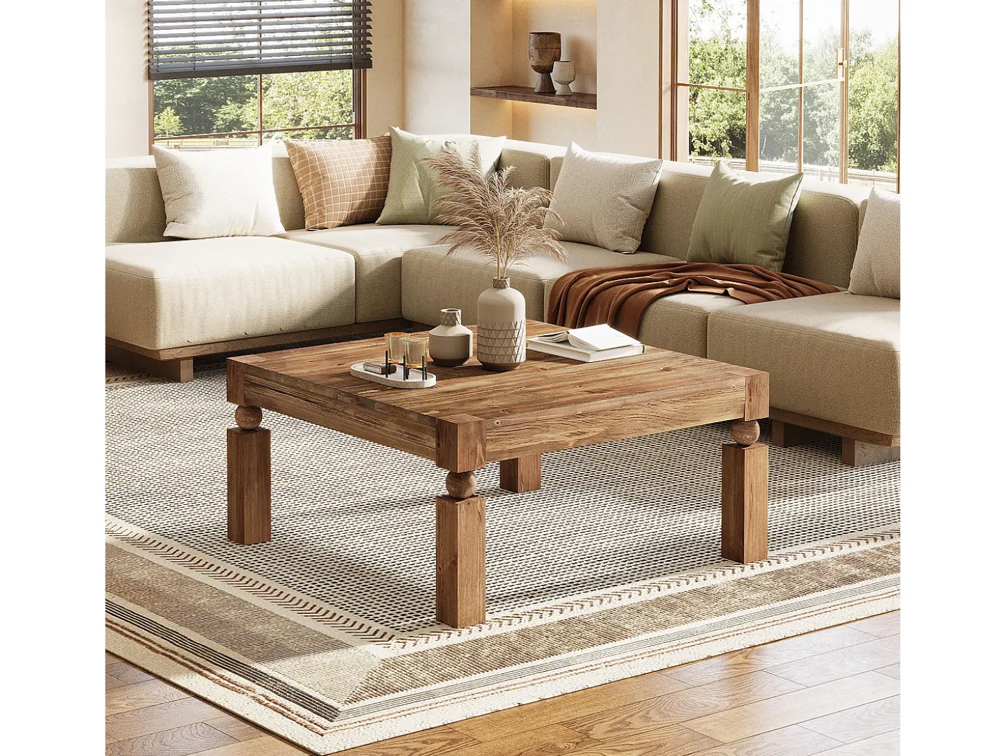 Mesa de Café de Madeira Sólida, Mesa de Sala de Estar Retangular Moderna de Meio Século com 100cm