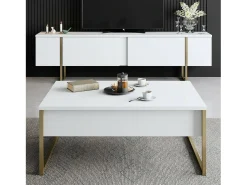 Mesa de café Dgiagnon, Mesa baixa para café, Porta-revistas para sofá, Prateleira para sala de estar, 90x60h40 cm, Branco e Dourado