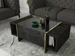 Mesa de café Dpagliar, Mesa baixa para café, Suporte para sofá, Prateleira para sala, 104x60h37 cm, Preto e Dourado