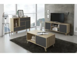 Mesa de café modelo WIND, cor Carvalho e Cinza Antracite, 92x50x45cm.