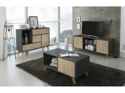 Mesa de café modelo WIND, cor Cinza Antracite e Carvalho, 92x50x45cm