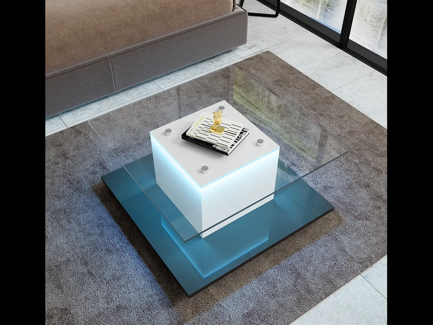 Mesa de café quadrada giratória - com LEDs ajustáveis e rodízios de freio - Painel de vidro e partículas - branco e preto - 80x80x40cm