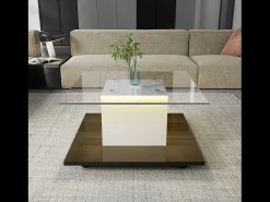 Mesa de café quadrada giratória - com LEDs ajustáveis ​​e rodízios de freio - Painel de vidro e partículas - branco e preto - 80x80x40cm