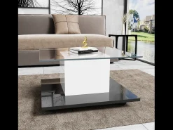 Mesa de café quadrada giratória - com LEDs ajustáveis e rodízios de freio - Painel de vidro e partículas - branco e preto - 80x80x40cm