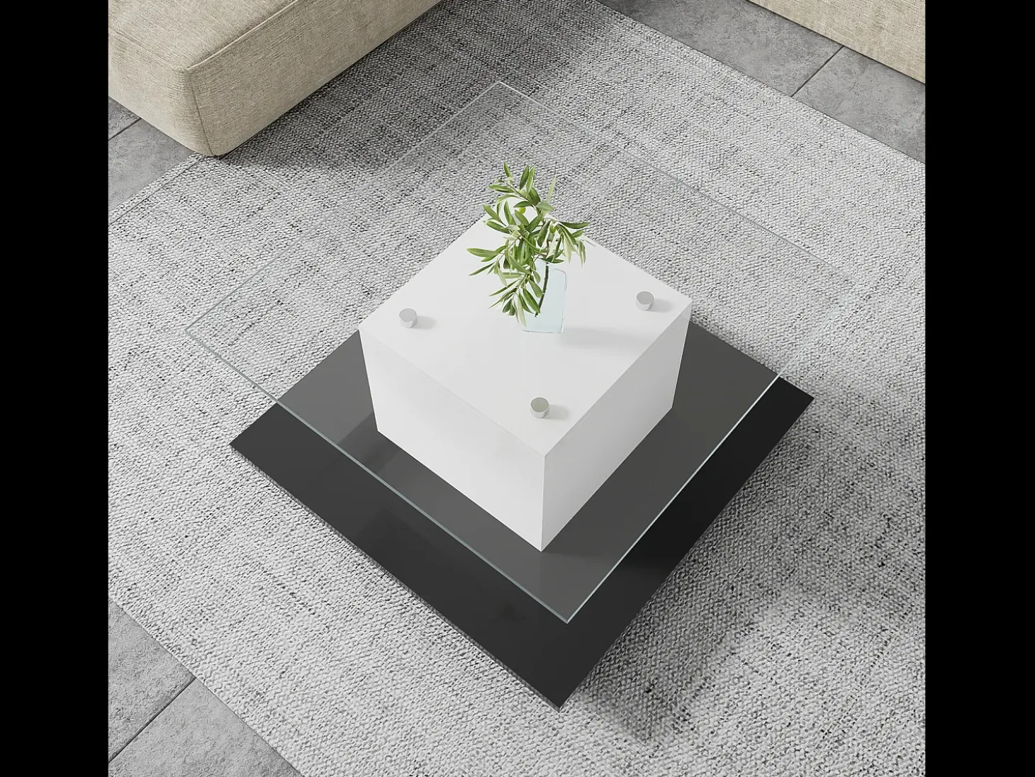 Mesa de café quadrada giratória - com LEDs ajustáveis e rodízios de freio - Painel de vidro e partículas - branco e preto - 80x80x40cm