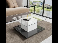 Mesa de café quadrada giratória - com LEDs ajustáveis e rodízios de freio - Painel de vidro e partículas - branco e preto - 80x80x40cm