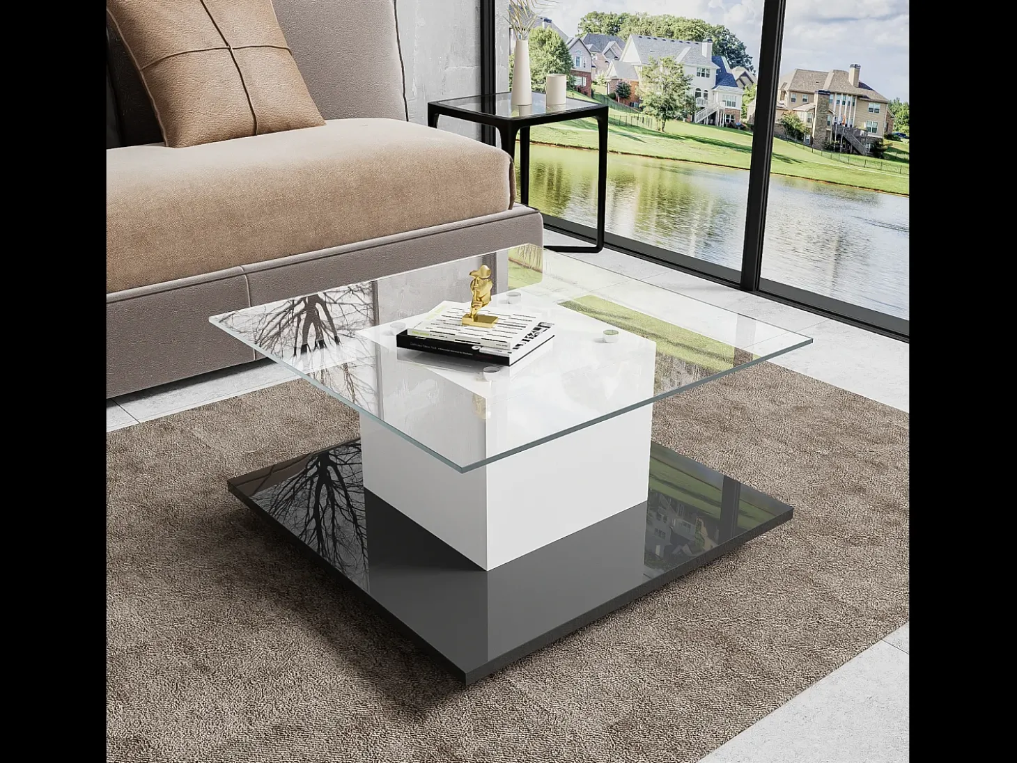 Mesa de café quadrada giratória - com LEDs ajustáveis e rodízios de freio - Painel de vidro e partículas - branco e preto - 80x80x40cm