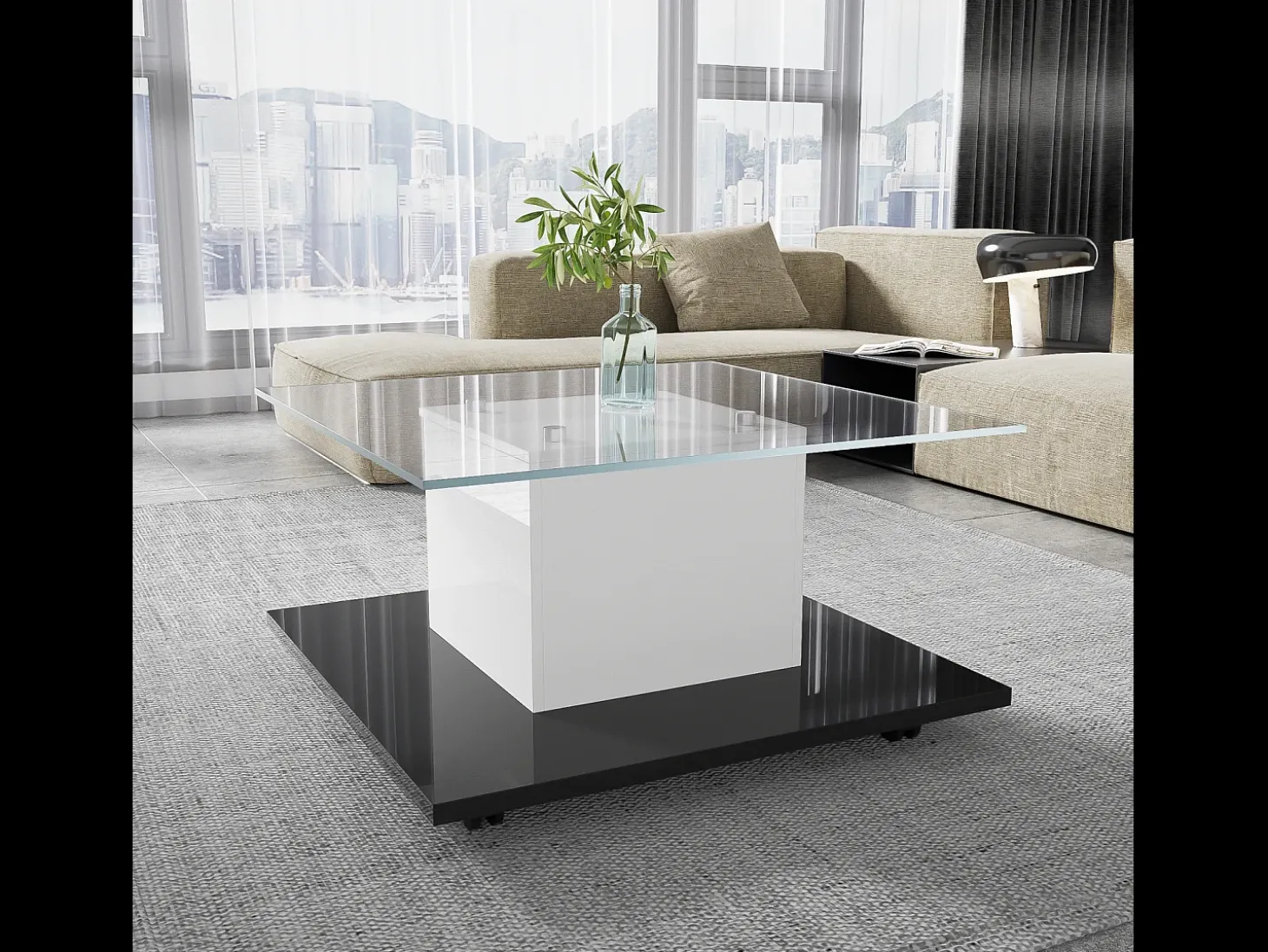 Mesa de café quadrada giratória - com LEDs ajustáveis e rodízios de freio - Painel de vidro e partículas - branco e preto - 80x80x40cm