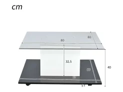 Mesa de café quadrada giratória - com LEDs ajustáveis e rodízios de freio - Painel de vidro e partículas - branco e preto - 80x80x40cm