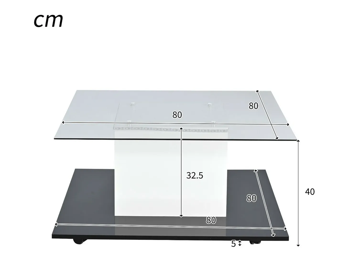 Mesa de café quadrada giratória - com LEDs ajustáveis e rodízios de freio - Painel de vidro e partículas - branco e preto - 80x80x40cm