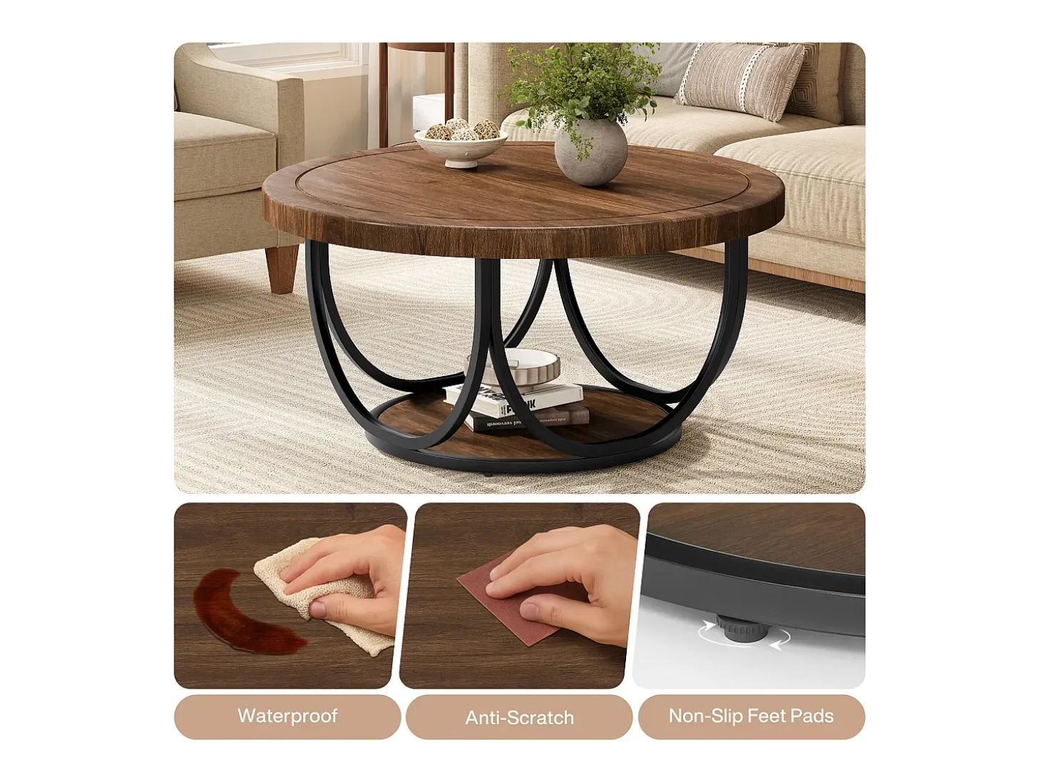 Mesa de Café Redonda com 2 Andares, Mesa de Cocktail de Acento Circular de 80Cm com Prateleira de Armazenamento