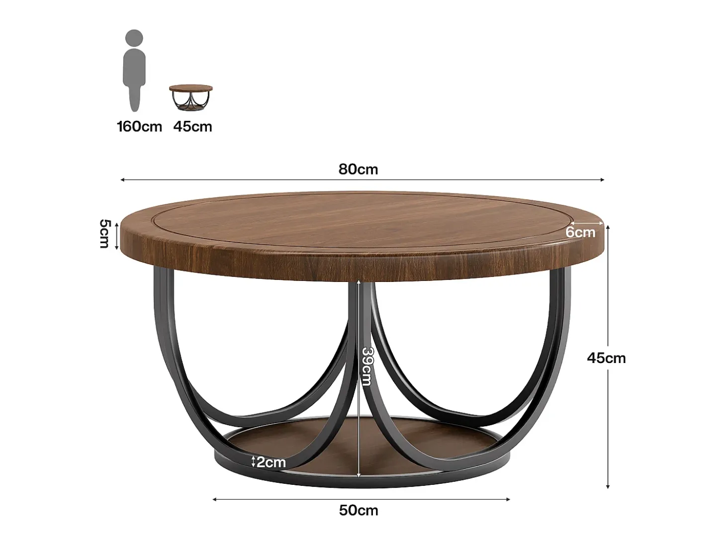 Mesa de Café Redonda com 2 Andares, Mesa de Cocktail de Acento Circular de 80Cm com Prateleira de Armazenamento